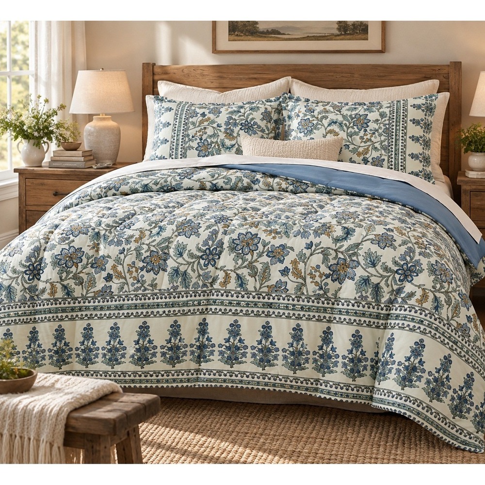Fairfield Square Jasmine King 3 Piece Reversible Comforter Set Blue Floral NEW